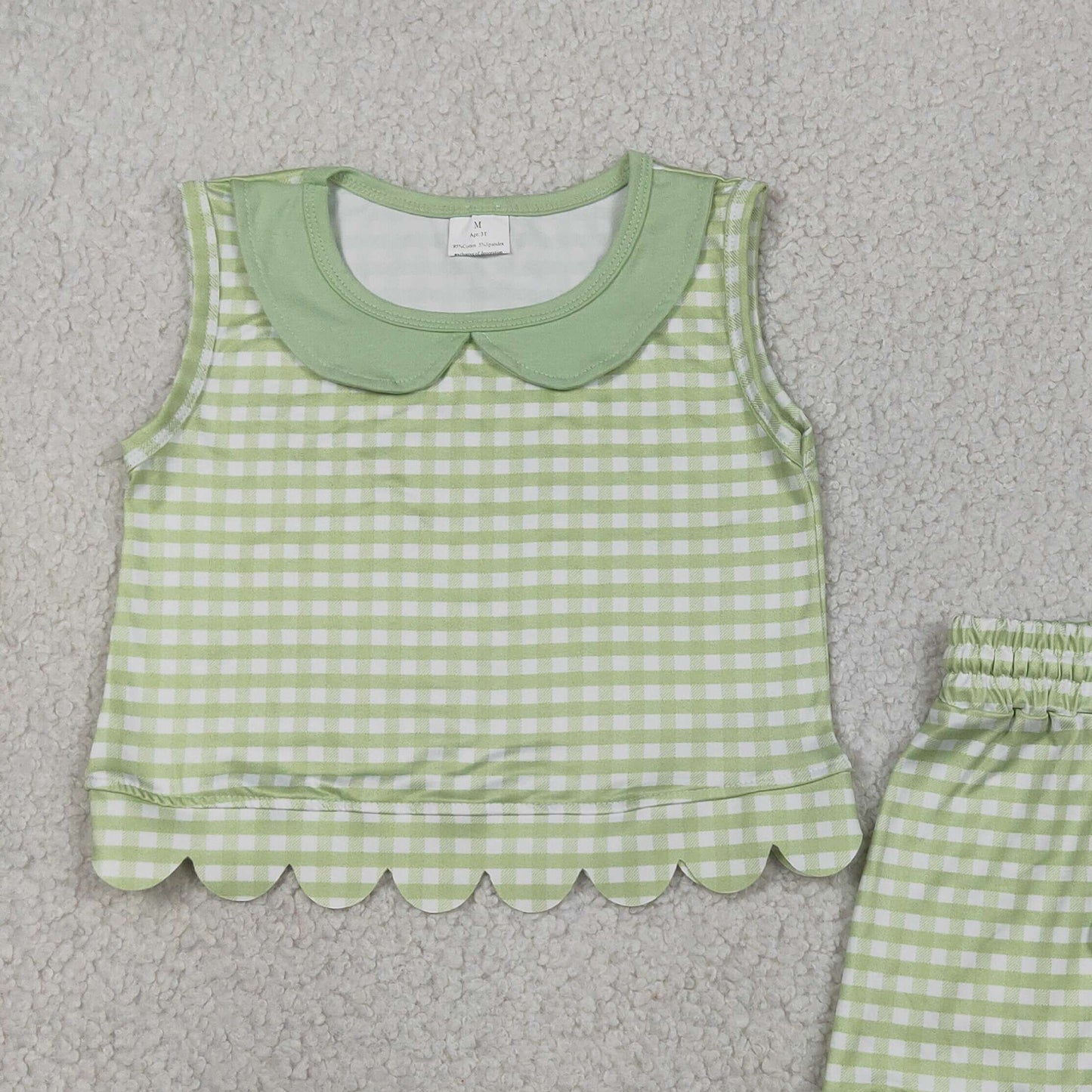 RTS NO MOQ milk silk GSSO3398 Baby Girls Cute Green Check Collar Top Scallop Casual Wear Set