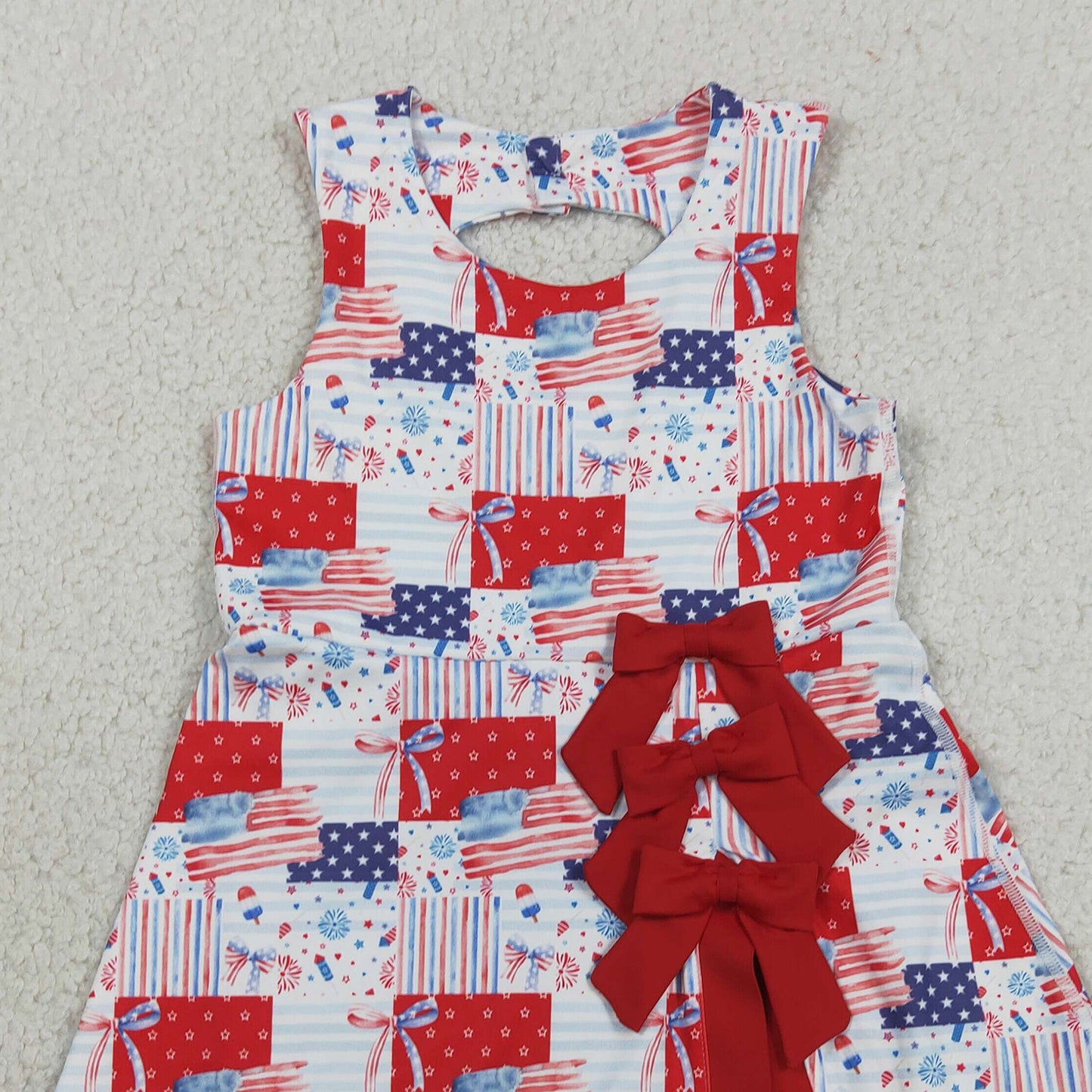 RTS NO MOQ yoga fabric GSD3945 Baby Girls Cute Bows And Flags Print 4th of July Scallop Trim Yoga Dress