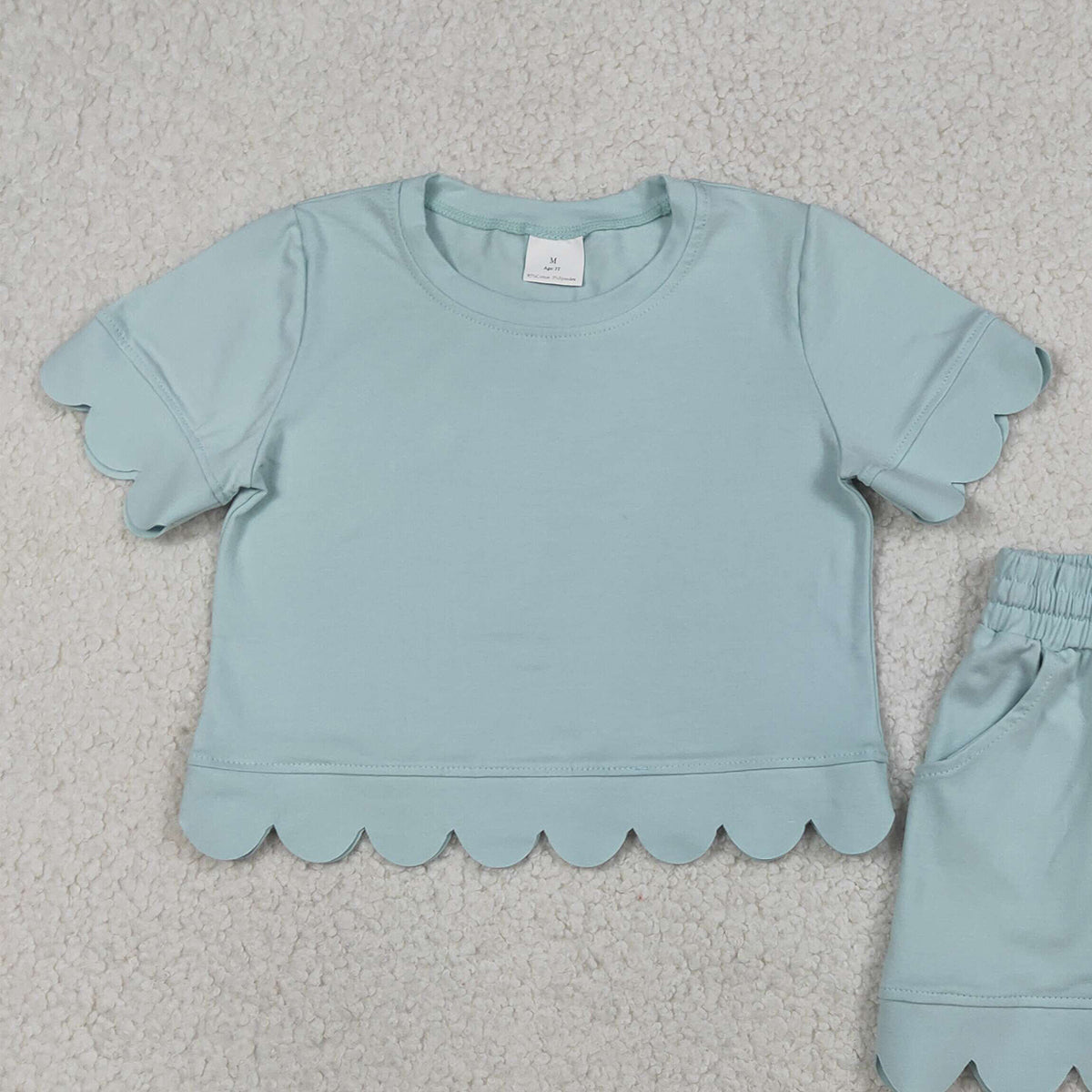 RTS NO MOQ GSSO3174 Baby Girls Light Blue Short Sleeve Shirt Top And Shorts Set Scallop Trim Outfit for Infants