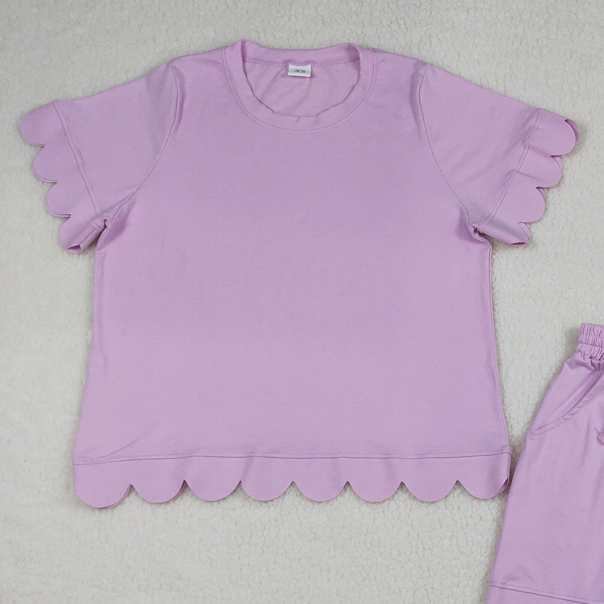 RTS NO MOQ GSSO3201 Adult Women's Pink Short Sleeve Shirt with Pockets And Scallop Detail Short Set Casual Clothing Outfit