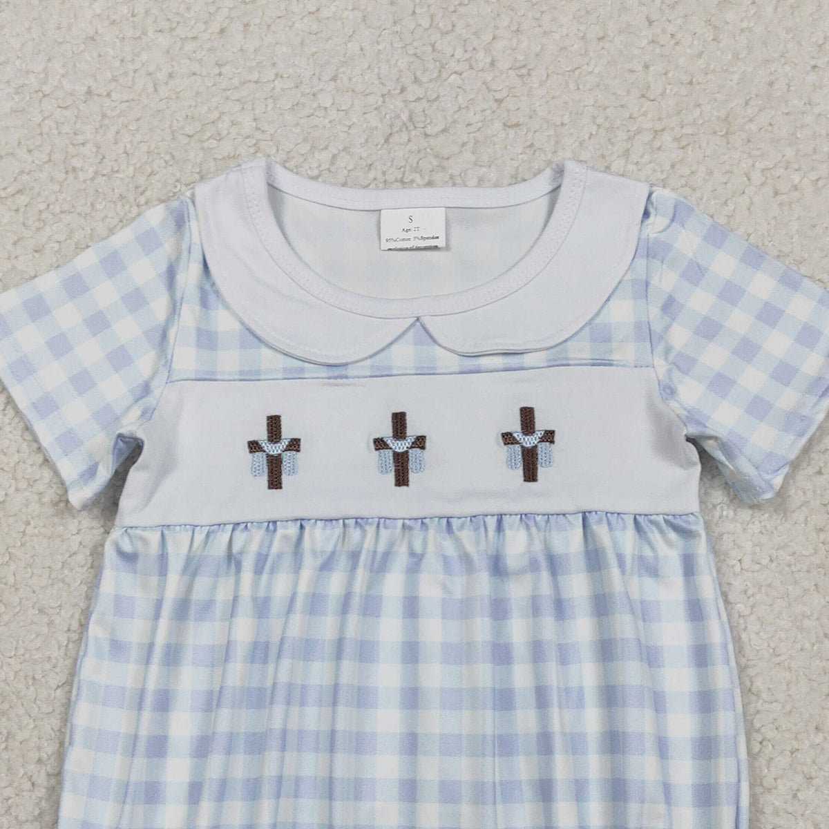RTS NO MOQ SR3757  Baby Boys Blue Checked Rompers with Easter Collar Embroidery Crosses for Infants