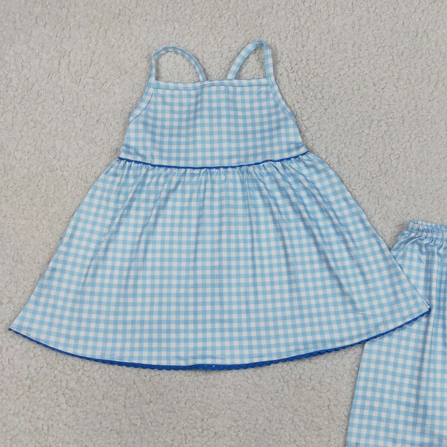 RTS NO MOQ GSSO3418 Baby Girls Cute Blue Checked Strap Tunic Short Clothes Sets