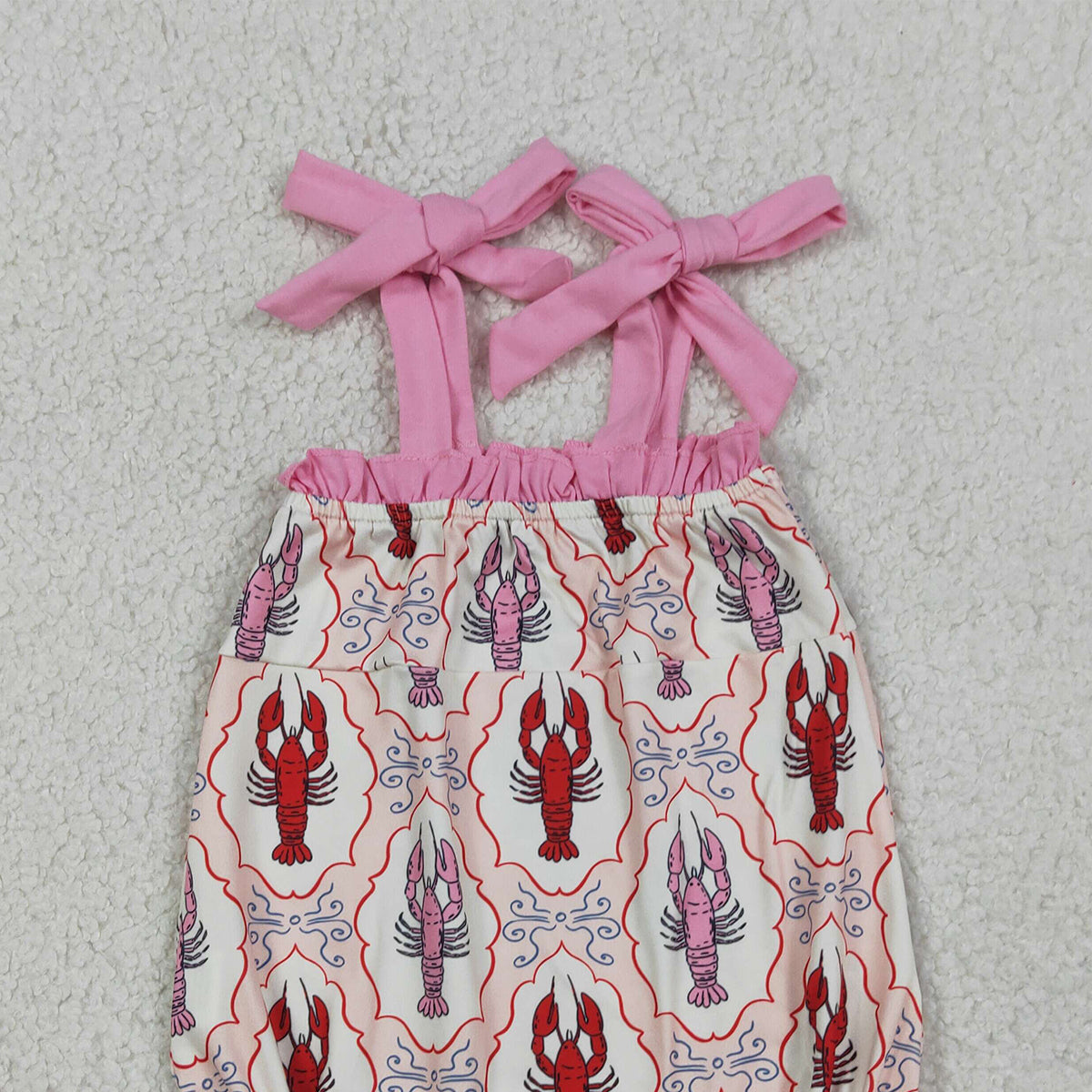 RTS NO MOQ SR4032 Baby Girls Checked Rompers with Strap Bows Crayfishes Print Ruffle Clothes