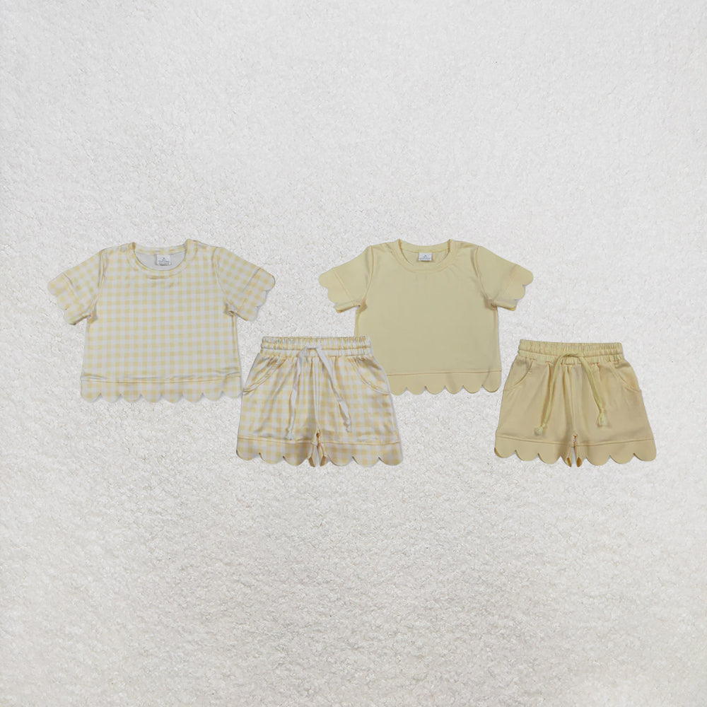 RTS NO MOQ Sibling Baby Girls Short Sleeve Yellow Checked Shirts Pockets Short Scallop Clothes Sets