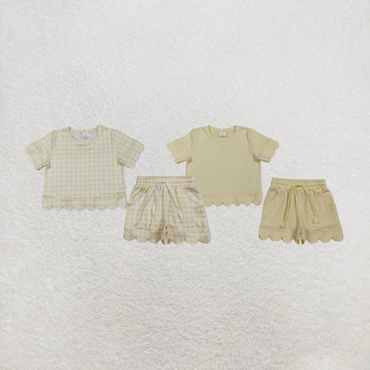 RTS NO MOQ Sibling Baby Girls Short Sleeve Yellow Checked Shirts Pockets Short Scallop Clothes Sets