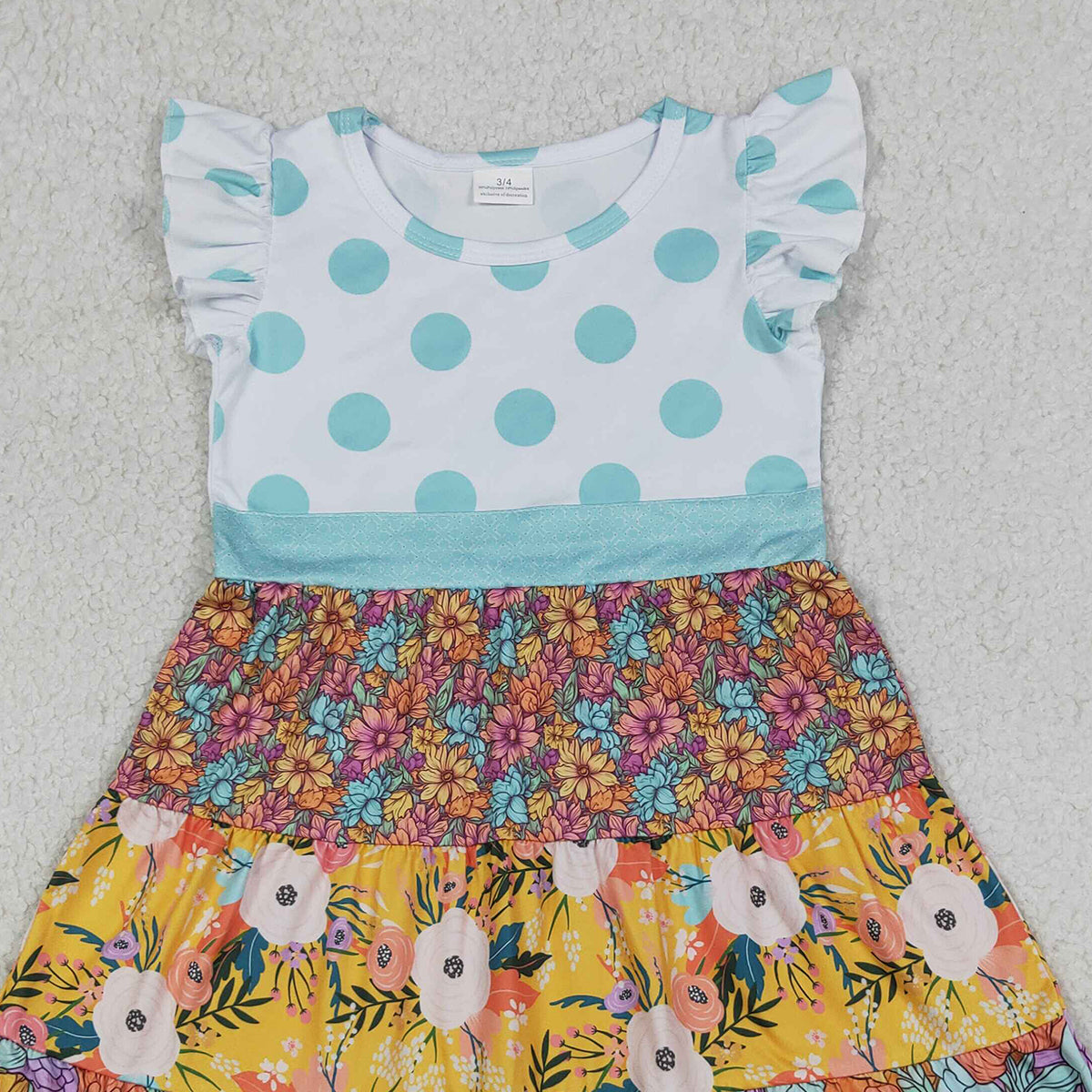 RTS NO MOQ GSD4091 Baby Girls Knee-Length Dress with Colorful Flowers Patchwork And Flutter Sleeves for Spring/Summer(3-4T-10-12T）
