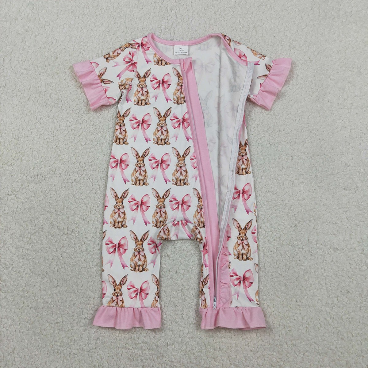 RTS NO MOQ SR2020 Baby Girls Easter Rompers Short Sleeve Bows Rabbits Design Ruffle Zipper Closure Outfit for Infants