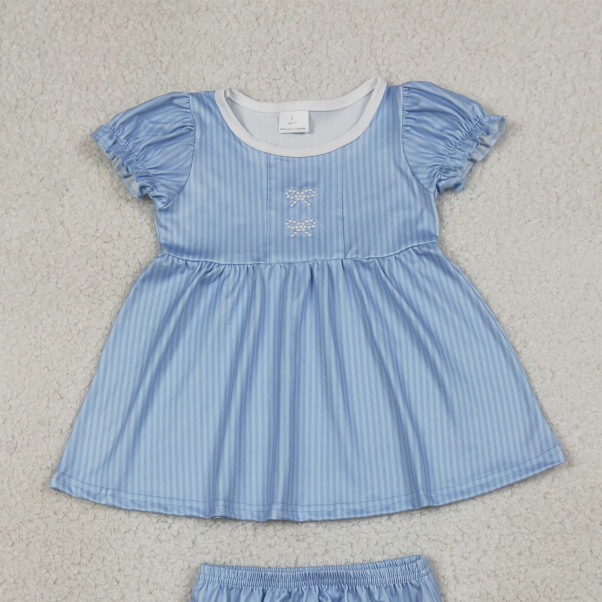 RTS NO MOQ GBO0486 Baby Girls Blue Stripe Tunic Bummies Clothes Sets with Embroidery Bows for Infants