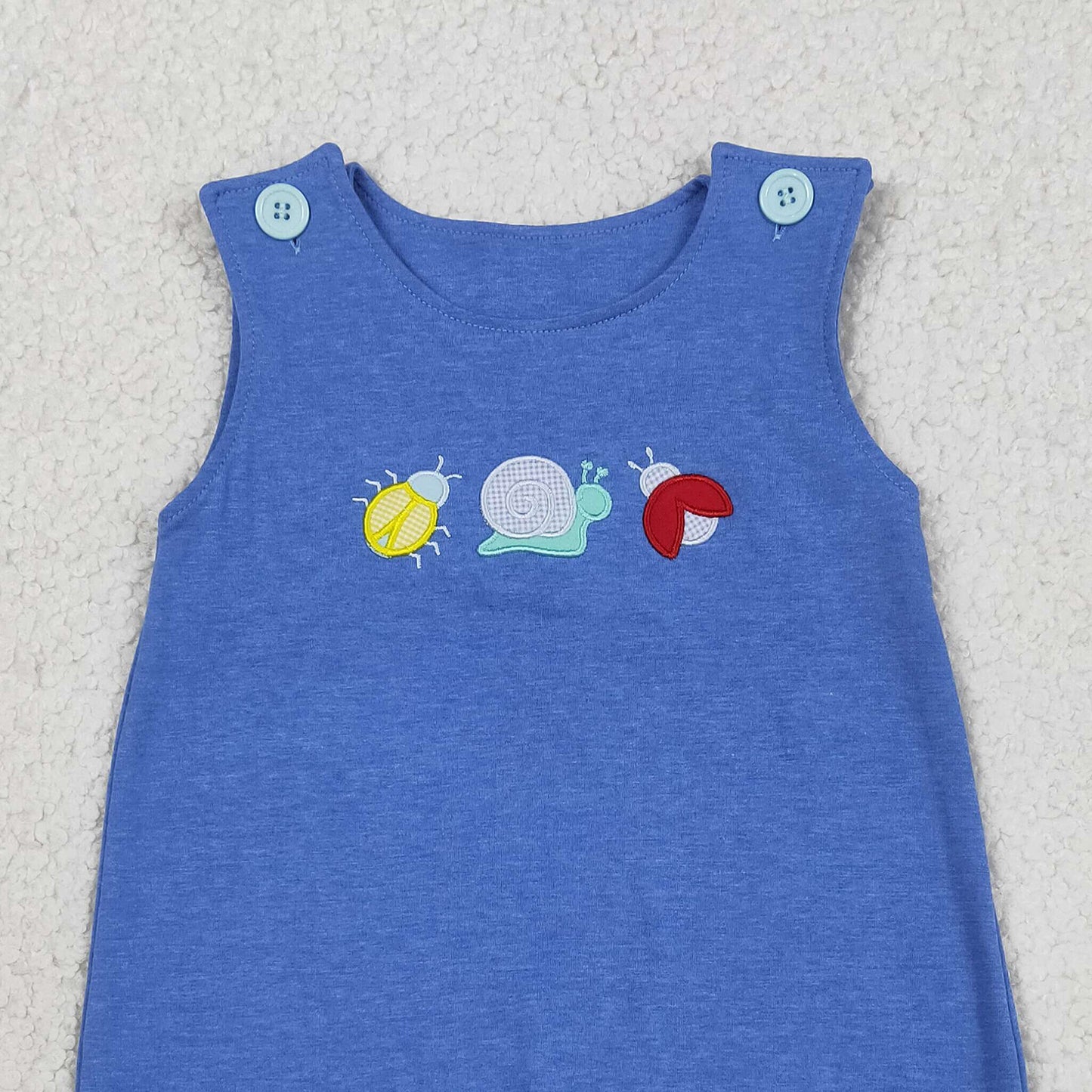 RTS NO MOQ SR4036 Baby Boys Blue Sleeveless Animal Embroidery Ladybird Snail Rompers