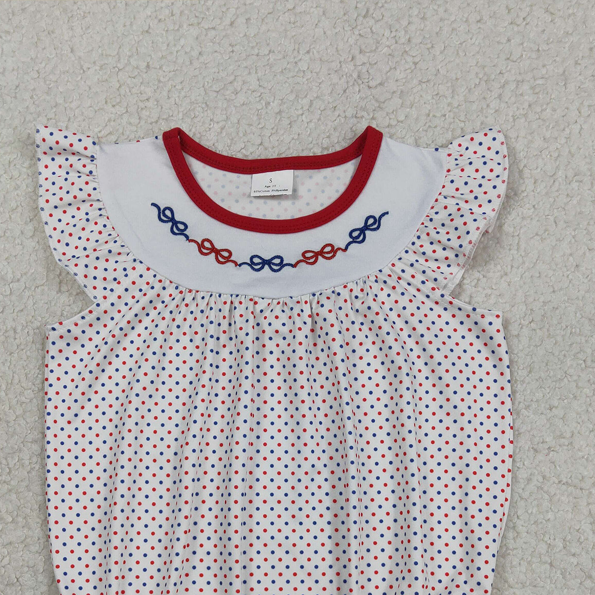 RTS NO MOQ SR3706 Girls Embroidery Bows Rompers with Flutter Sleeves Blue Red Polka Dot Print RuffleBaby Girl's Outfit