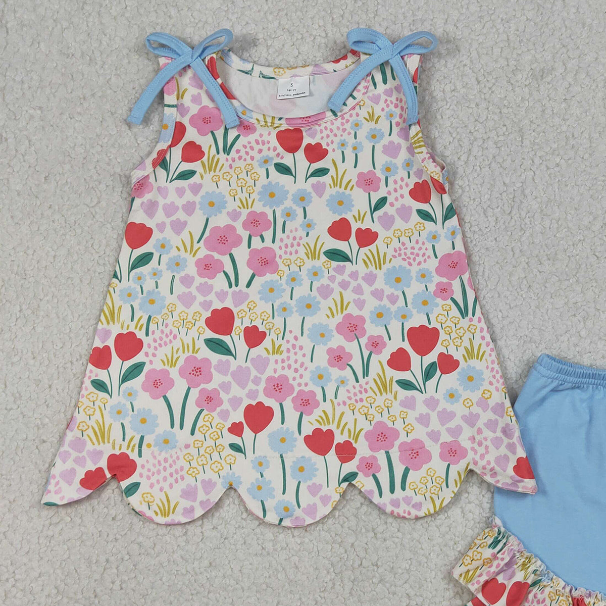 RTS NO MOQ GSSO3390 Baby Girls Sleeveless Colorful Flowers Scallop Tunic Ruffle Shorts Outfit Set Cute Summer Clothing for Infants