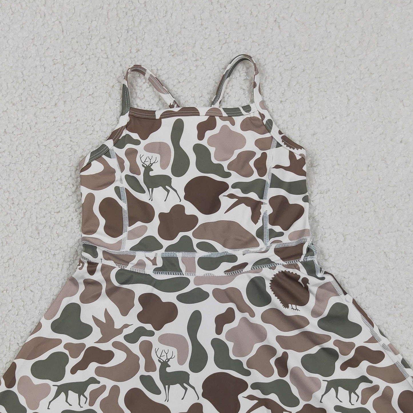 RTS NO MOQ yoga fabric GSD4117 Baby Girls Green Camo Deer Dog Duck Print Strap Ruffle Knee Length Dress