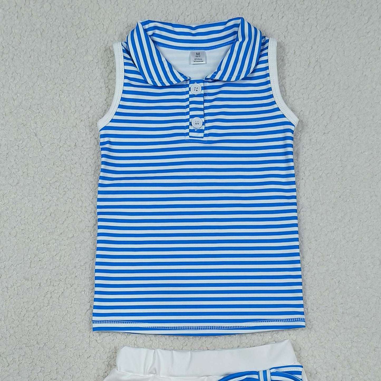 RTS NO MOQ GSD3661 Baby Girls Blue Stripe Button Top Ruffle Skirt Shorts Set Yoga Active Outfit
