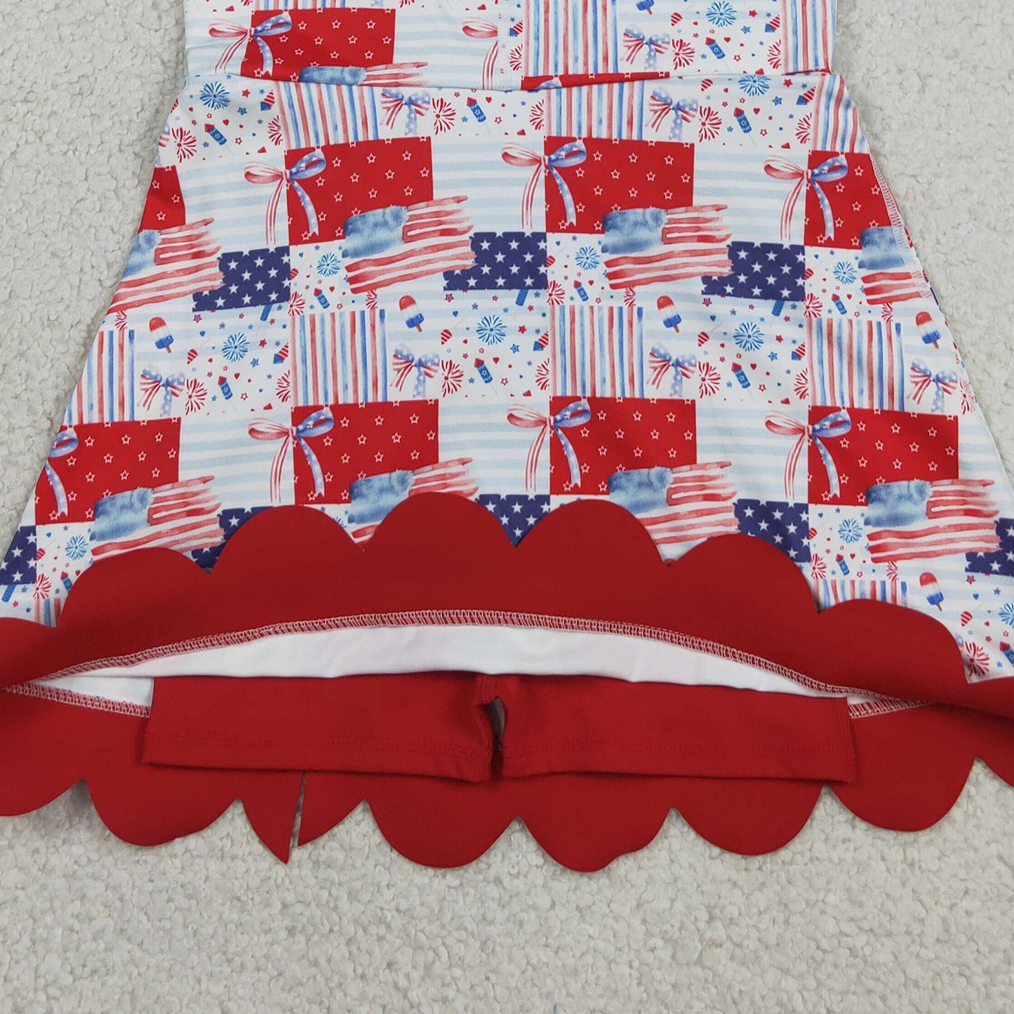 RTS NO MOQ yoga fabric GSD3945 Baby Girls Cute Bows And Flags Print 4th of July Scallop Trim Yoga Dress