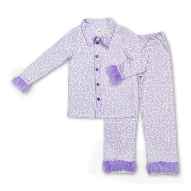 RTS NO MOQ Sibling Adult Women Button Up Top Pants Fur Sleeve Pajamas Sets