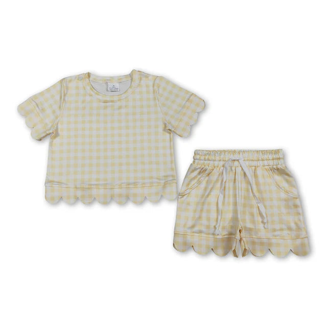 RTS NO MOQ Sibling Baby Girls Short Sleeve Yellow Checked Shirts Pockets Short Scallop Clothes Sets
