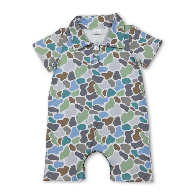 RTS NO MOQ Sibling Baby Boys Short Sleeves Blue Camo Button Rompers