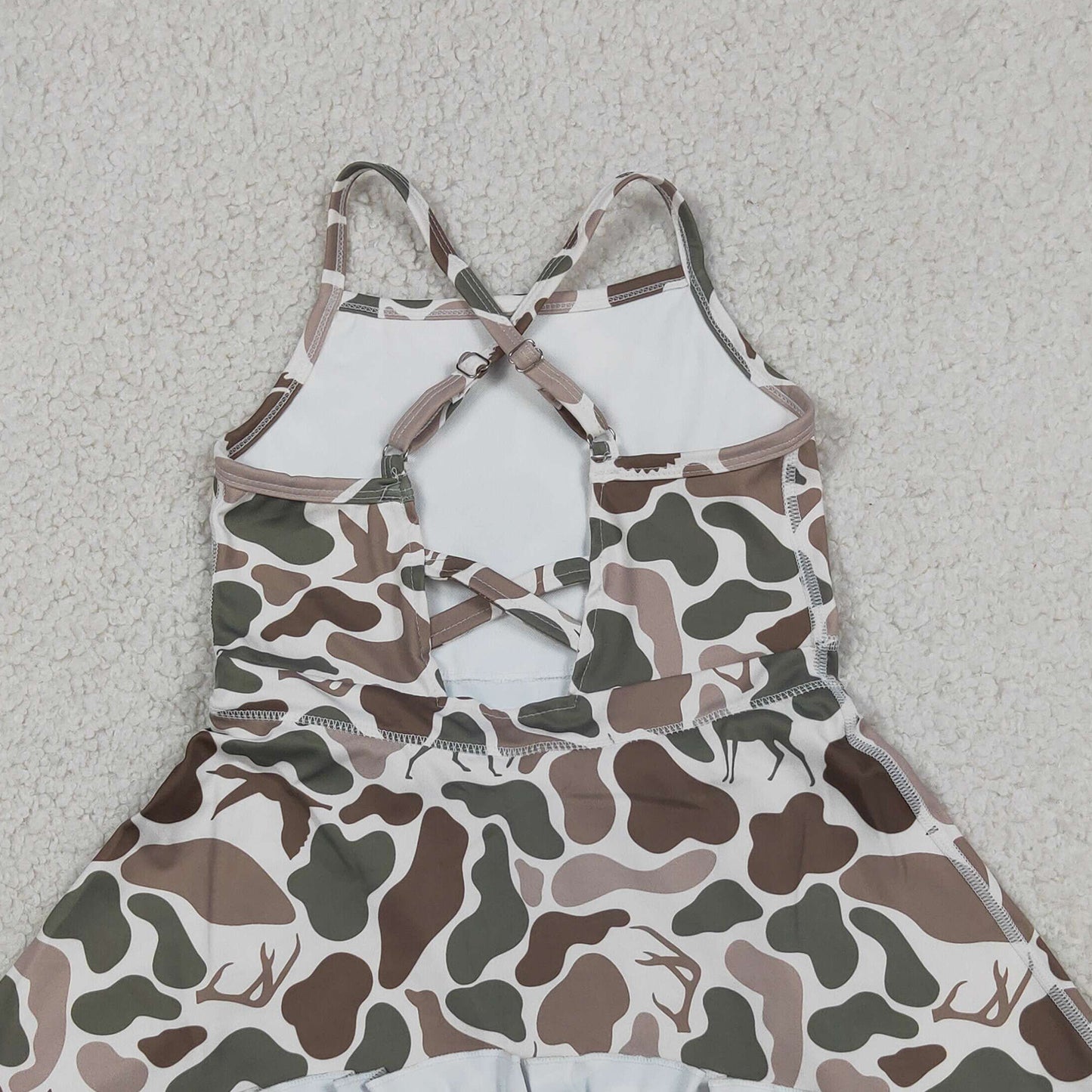 RTS NO MOQ yoga fabric GSD4117 Baby Girls Green Camo Deer Dog Duck Print Strap Ruffle Knee Length Dress