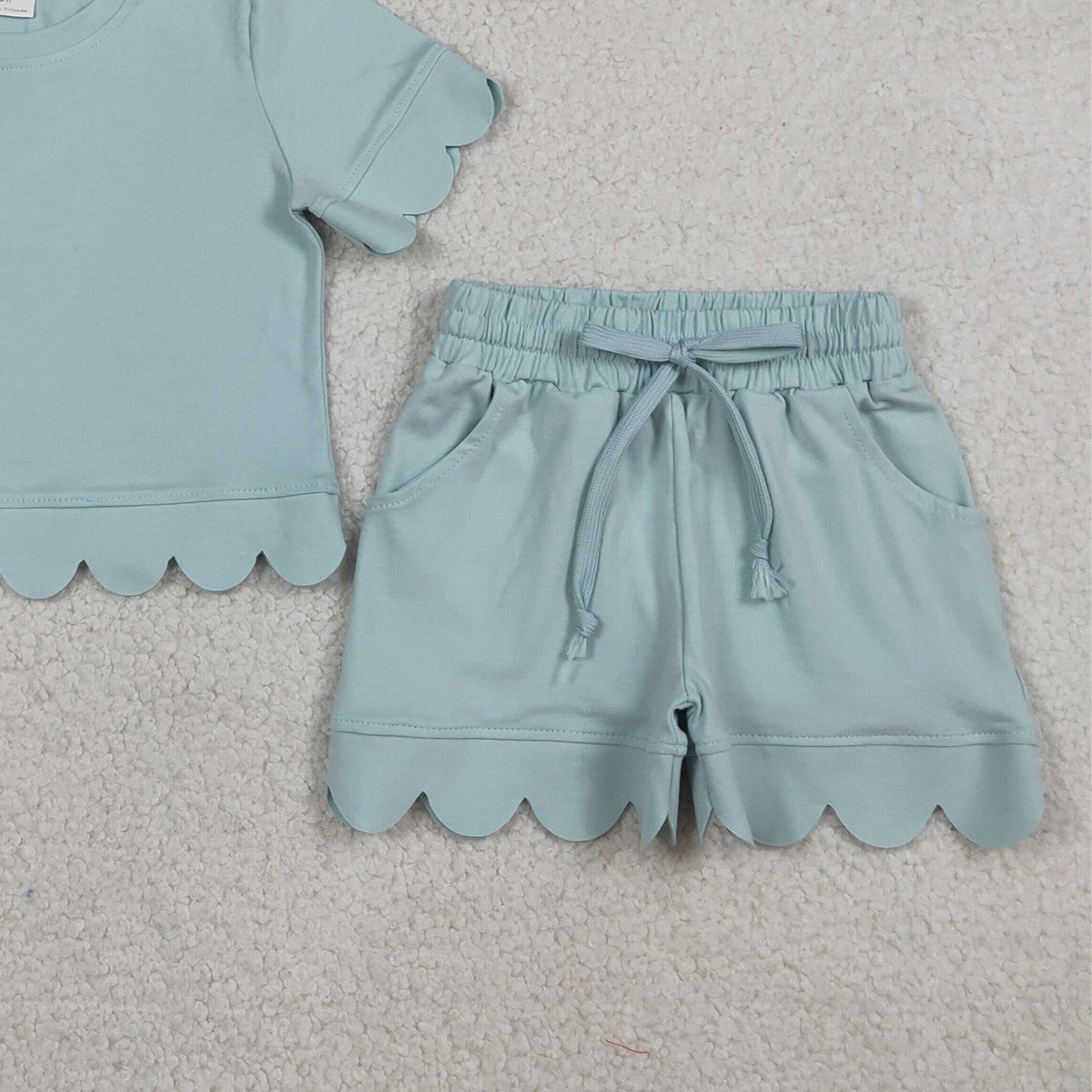 RTS NO MOQ GSSO3174 Baby Girls Light Blue Short Sleeve Shirt Top And Shorts Set Scallop Trim Outfit for Infants