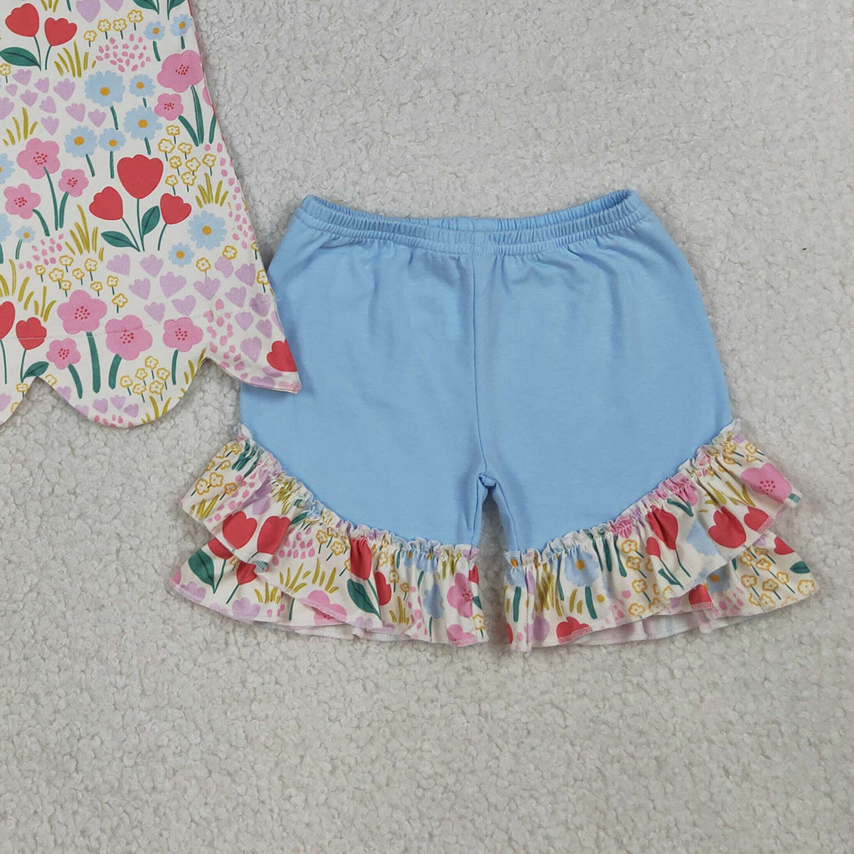 RTS NO MOQ GSSO3390 Baby Girls Sleeveless Colorful Flowers Scallop Tunic Ruffle Shorts Outfit Set Cute Summer Clothing for Infants