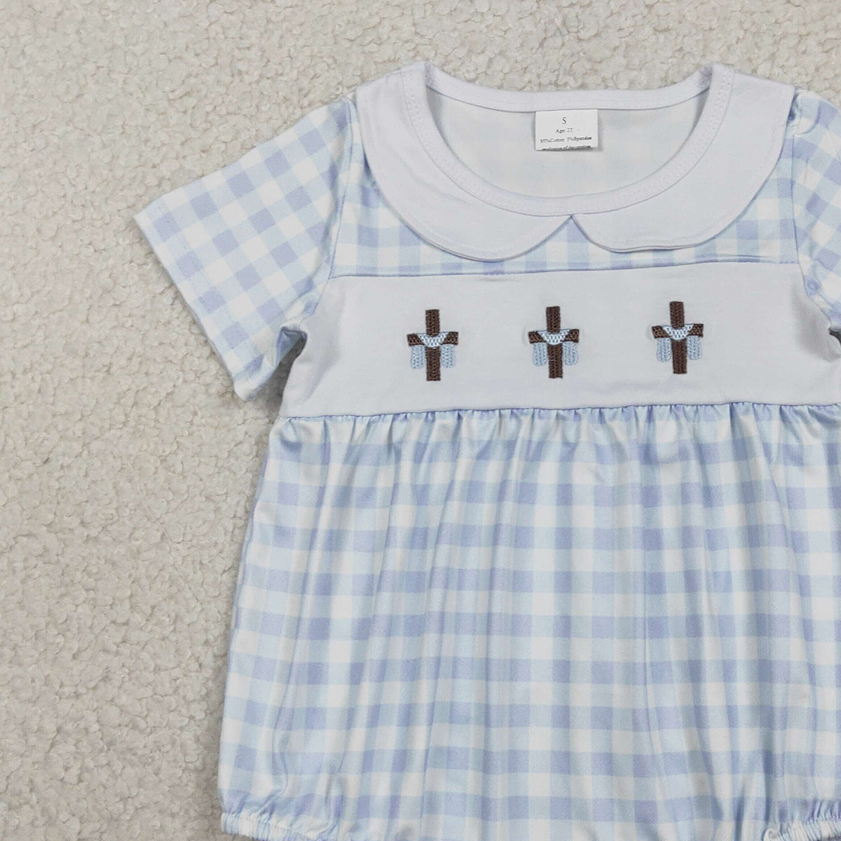 RTS NO MOQ SR3757  Baby Boys Blue Checked Rompers with Easter Collar Embroidery Crosses for Infants