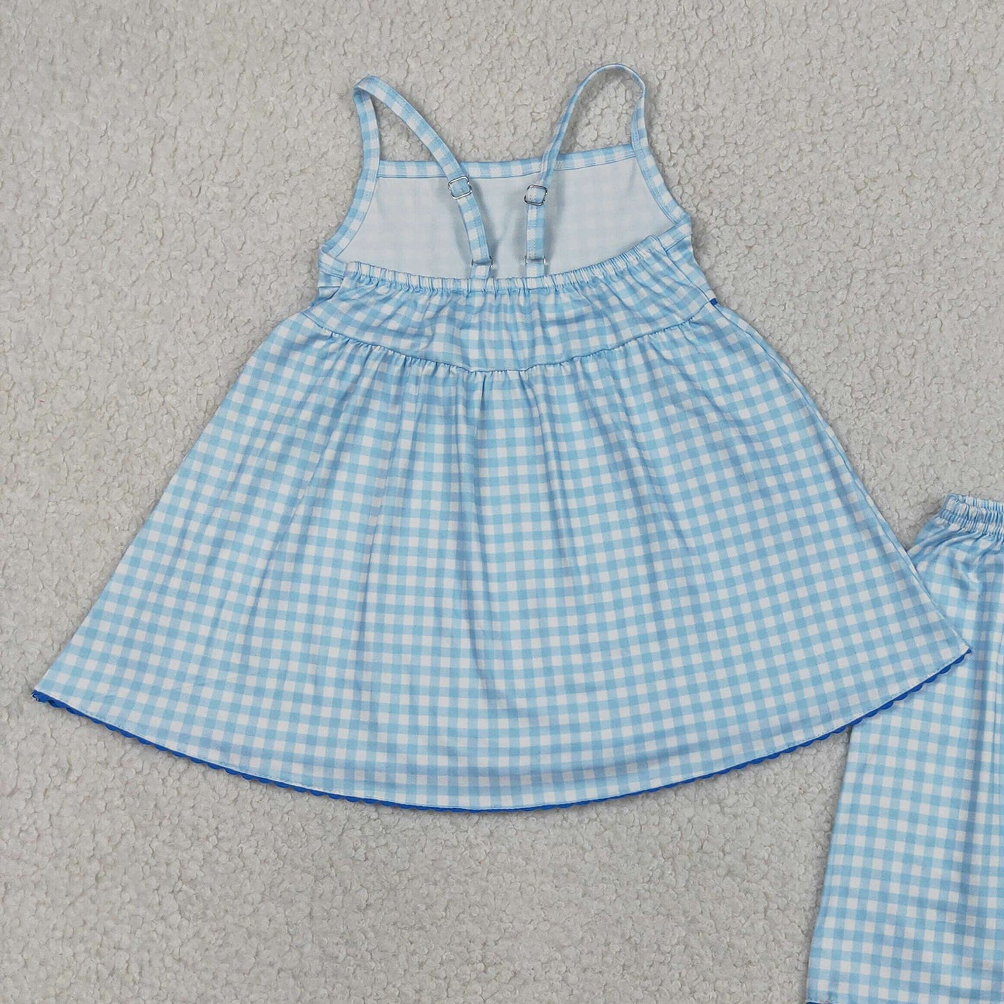 RTS NO MOQ GSSO3418 Baby Girls Cute Blue Checked Strap Tunic Short Clothes Sets