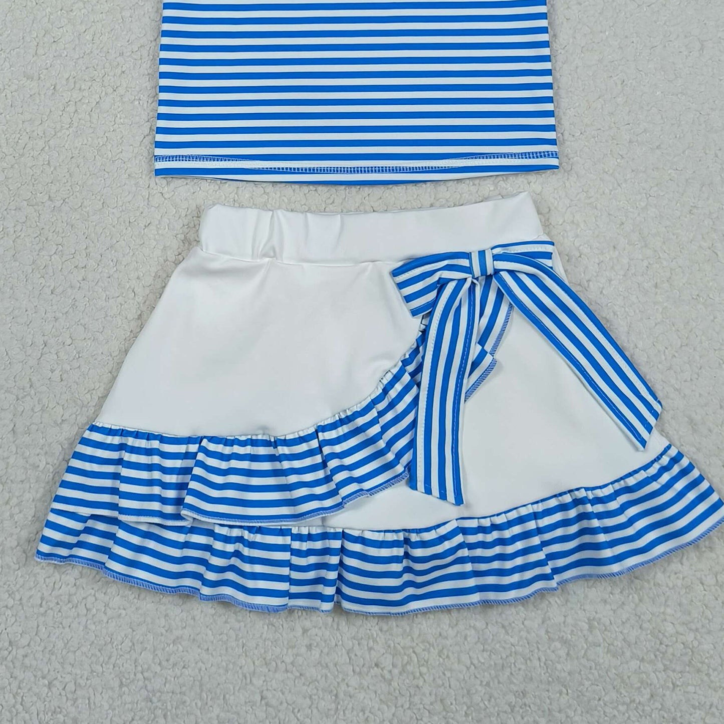RTS NO MOQ GSD3661 Baby Girls Blue Stripe Button Top Ruffle Skirt Shorts Set Yoga Active Outfit