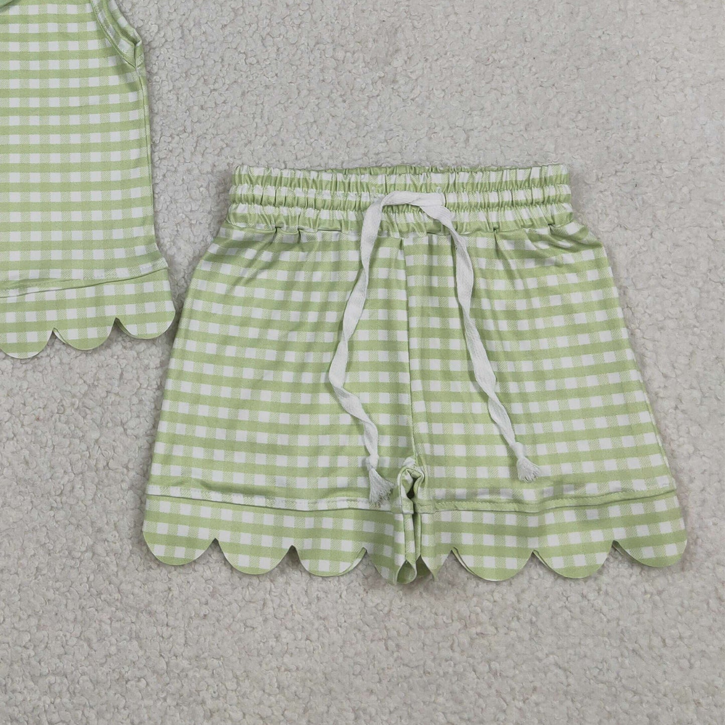 RTS NO MOQ milk silk GSSO3398 Baby Girls Cute Green Check Collar Top Scallop Casual Wear Set