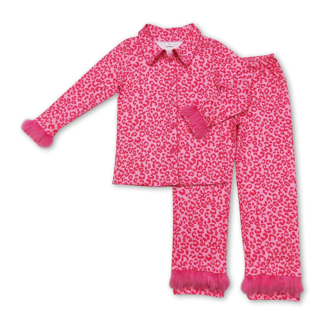 RTS NO MOQ Sibling Adult Women Button Up Top Pants Fur Sleeve Pajamas Sets