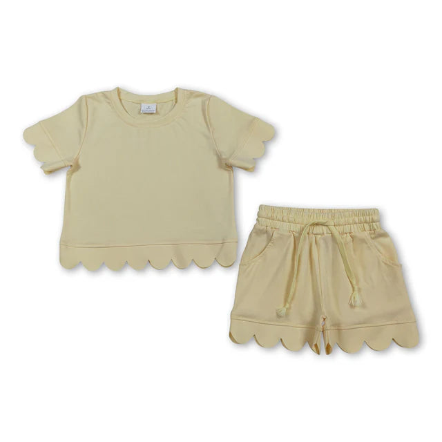 RTS NO MOQ Sibling Baby Girls Short Sleeve Yellow Checked Shirts Pockets Short Scallop Clothes Sets