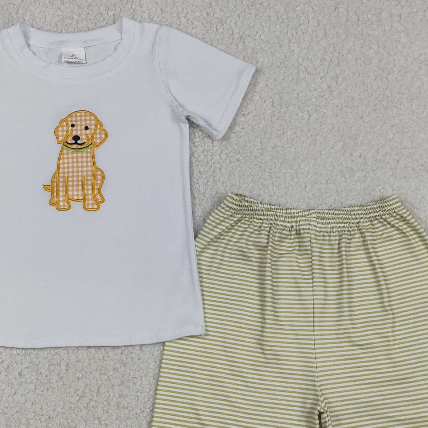 RTS NO MOQ milk silk BSSO2002 Baby Boys Dogs Embroidery Stripe Short Sleeve Hunting Shirt And Shorts Sets