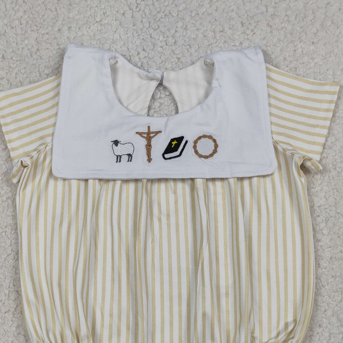 RTS NO MOQ SR3802 Embroidery Cross Baby Boys Sleeveless Romper with Yellow Stripe