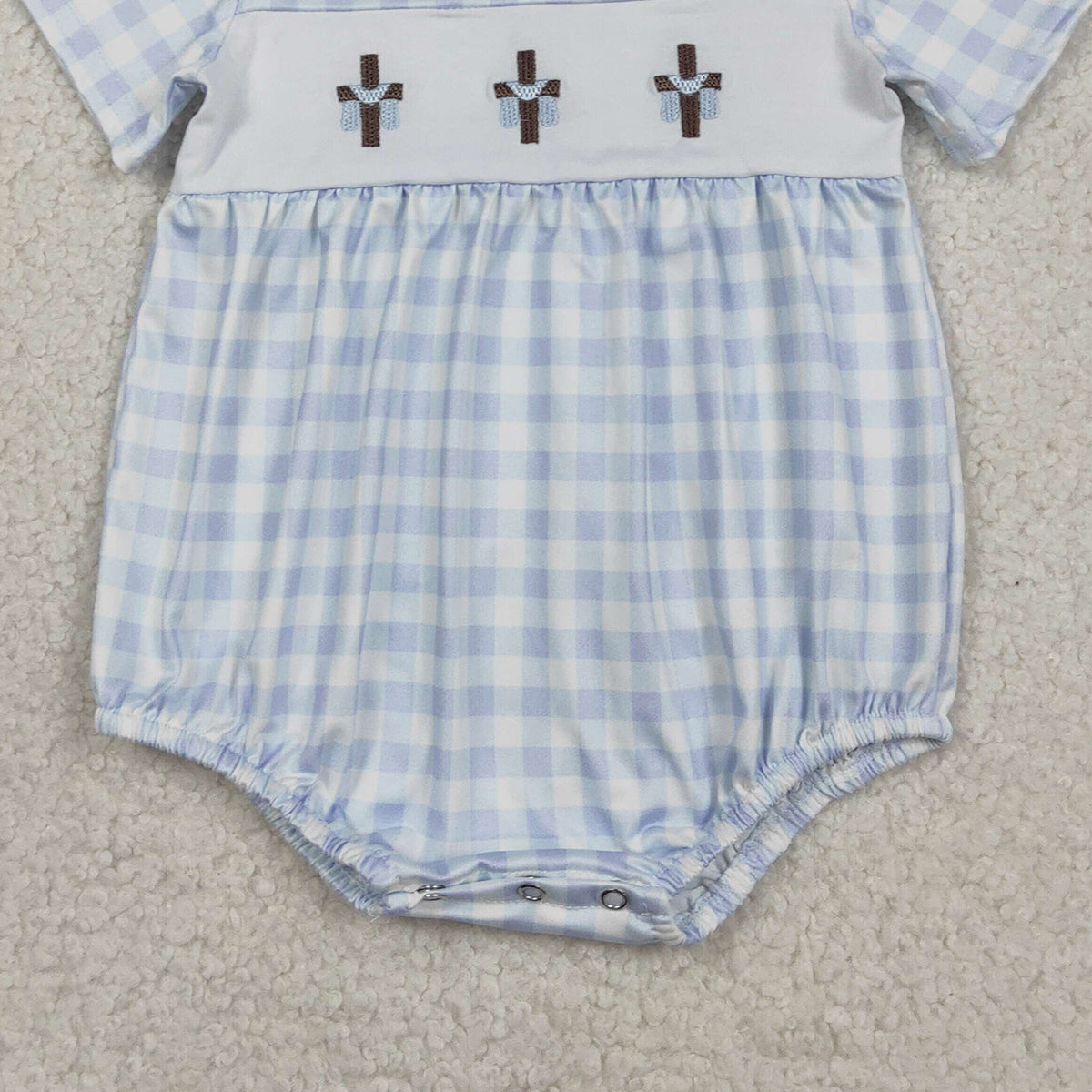 RTS NO MOQ SR3757  Baby Boys Blue Checked Rompers with Easter Collar Embroidery Crosses for Infants