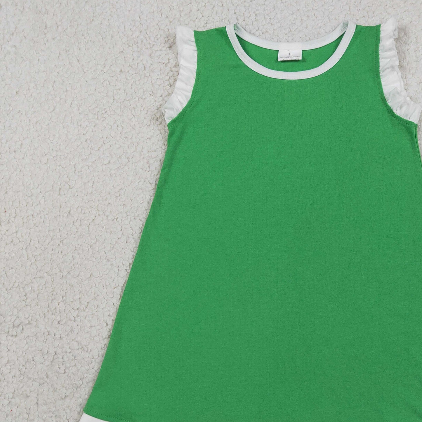 RTS NO MOQ cotton GSD4055 Baby Girls Green Sleeveless Scallop Trim Knee Length Dress