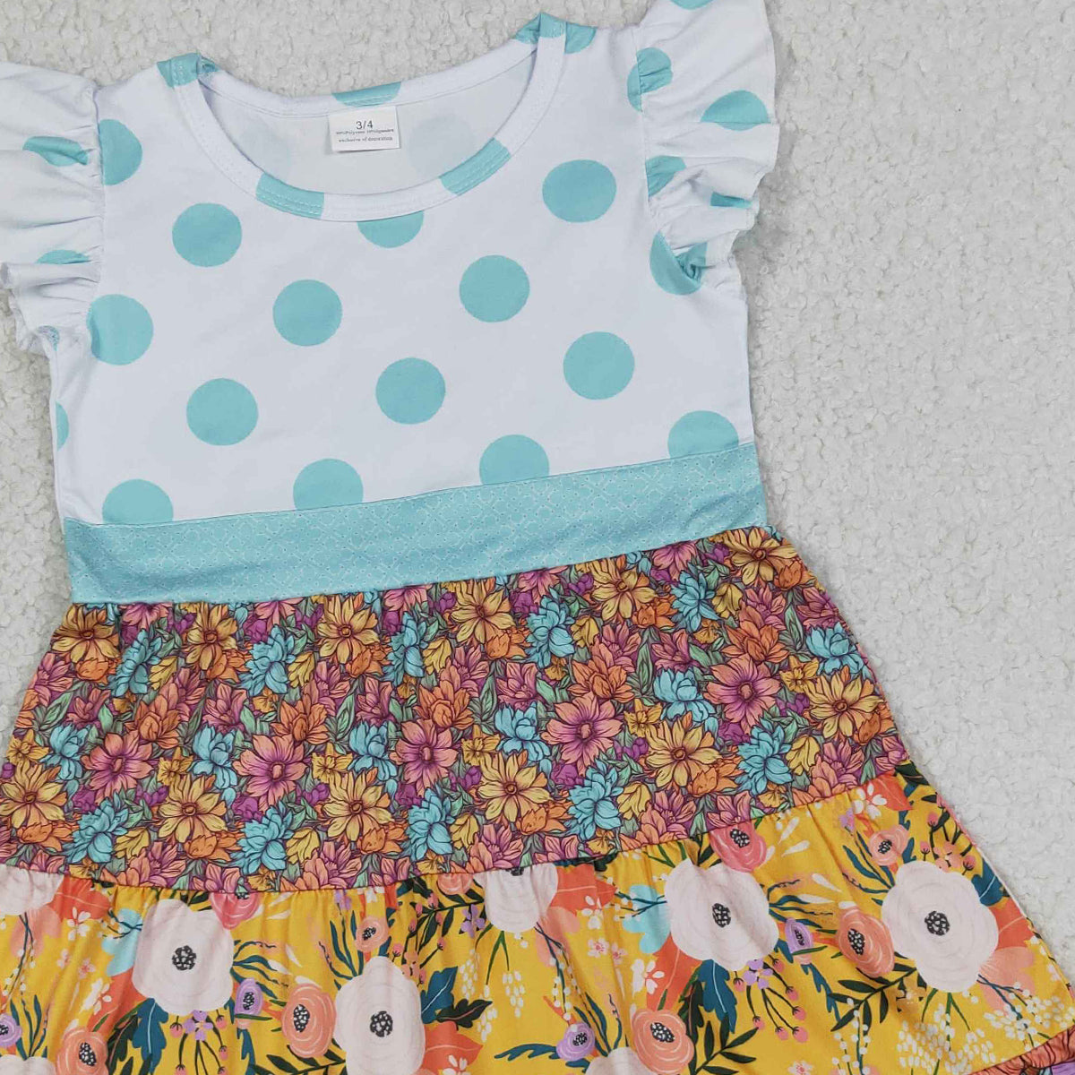 RTS NO MOQ GSD4091 Baby Girls Knee-Length Dress with Colorful Flowers Patchwork And Flutter Sleeves for Spring/Summer(3-4T-10-12T）