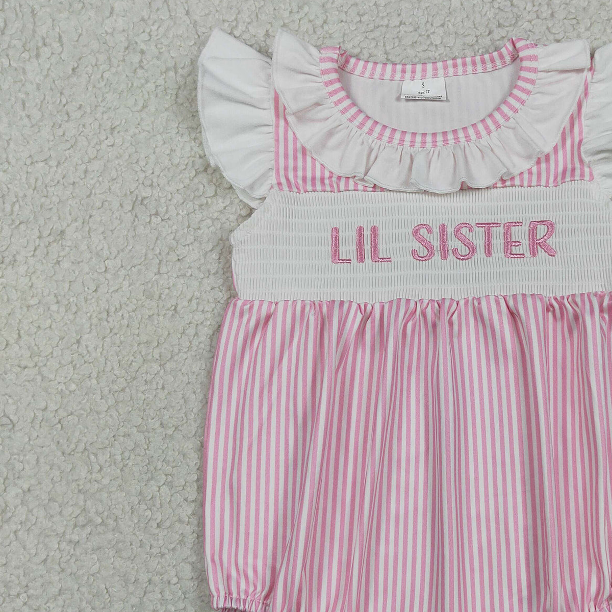 RTS NO MOQ SR3593 Smocked Little Sister Baby Girls Pink Stripe Collar Ruffle Rompers
