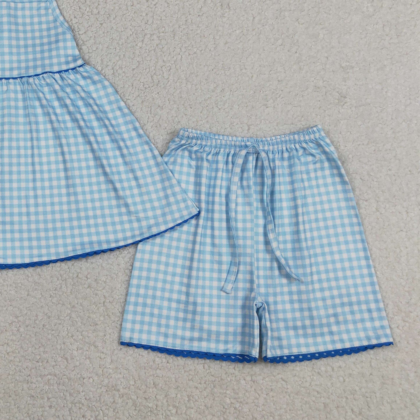 RTS NO MOQ GSSO3418 Baby Girls Cute Blue Checked Strap Tunic Short Clothes Sets