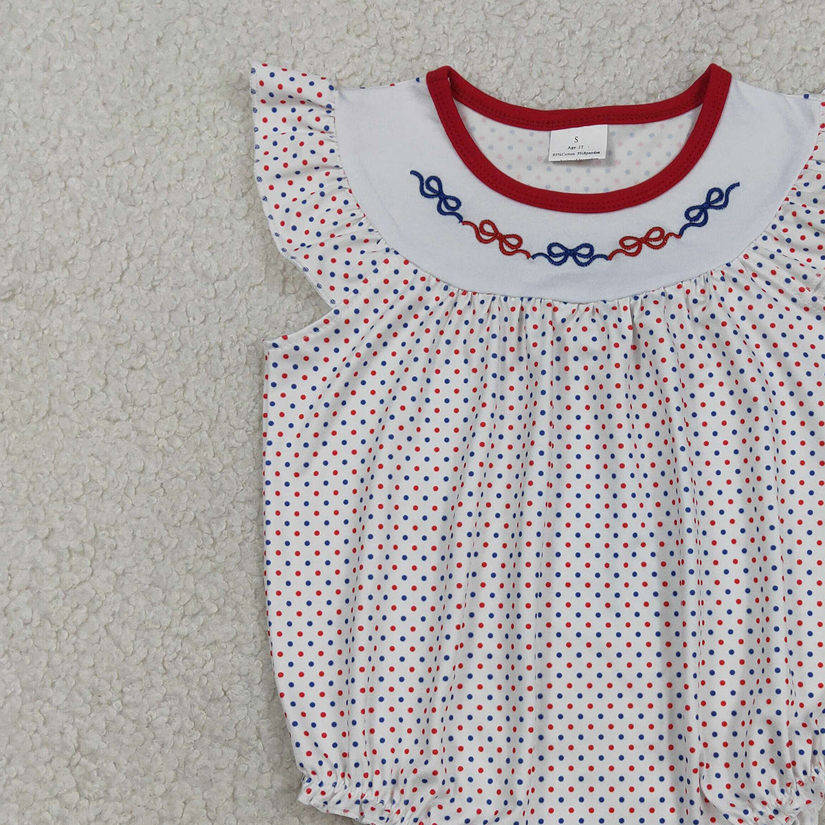 RTS NO MOQ SR3706 Girls Embroidery Bows Rompers with Flutter Sleeves Blue Red Polka Dot Print RuffleBaby Girl's Outfit