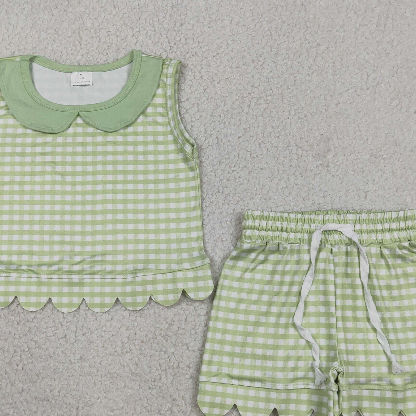 RTS NO MOQ milk silk GSSO3398 Baby Girls Cute Green Check Collar Top Scallop Casual Wear Set