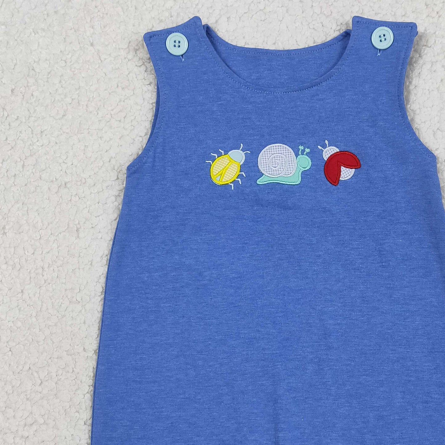 RTS NO MOQ SR4036 Baby Boys Blue Sleeveless Animal Embroidery Ladybird Snail Rompers