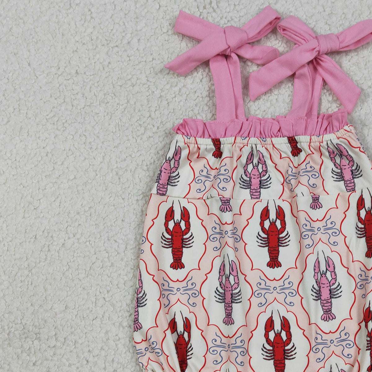 RTS NO MOQ SR4032 Baby Girls Checked Rompers with Strap Bows Crayfishes Print Ruffle Clothes