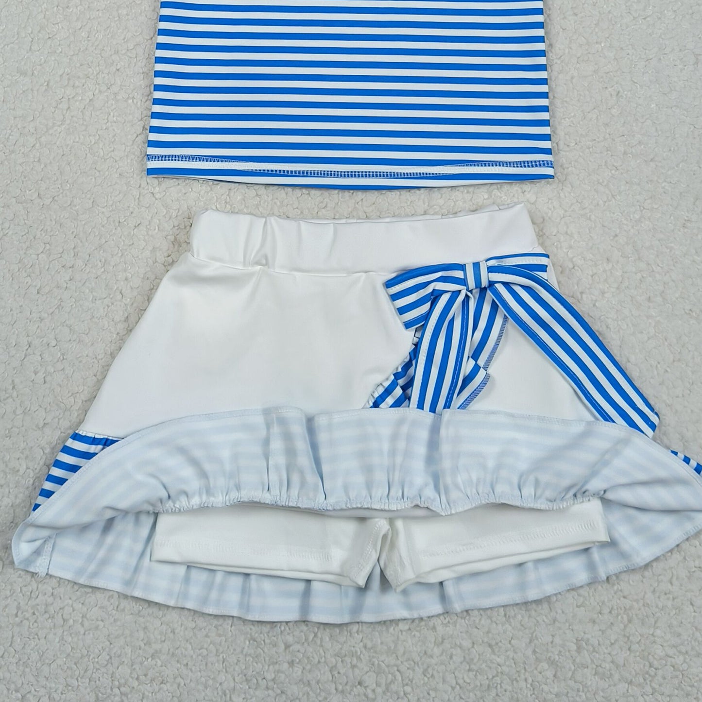 RTS NO MOQ GSD3661 Baby Girls Blue Stripe Button Top Ruffle Skirt Shorts Set Yoga Active Outfit