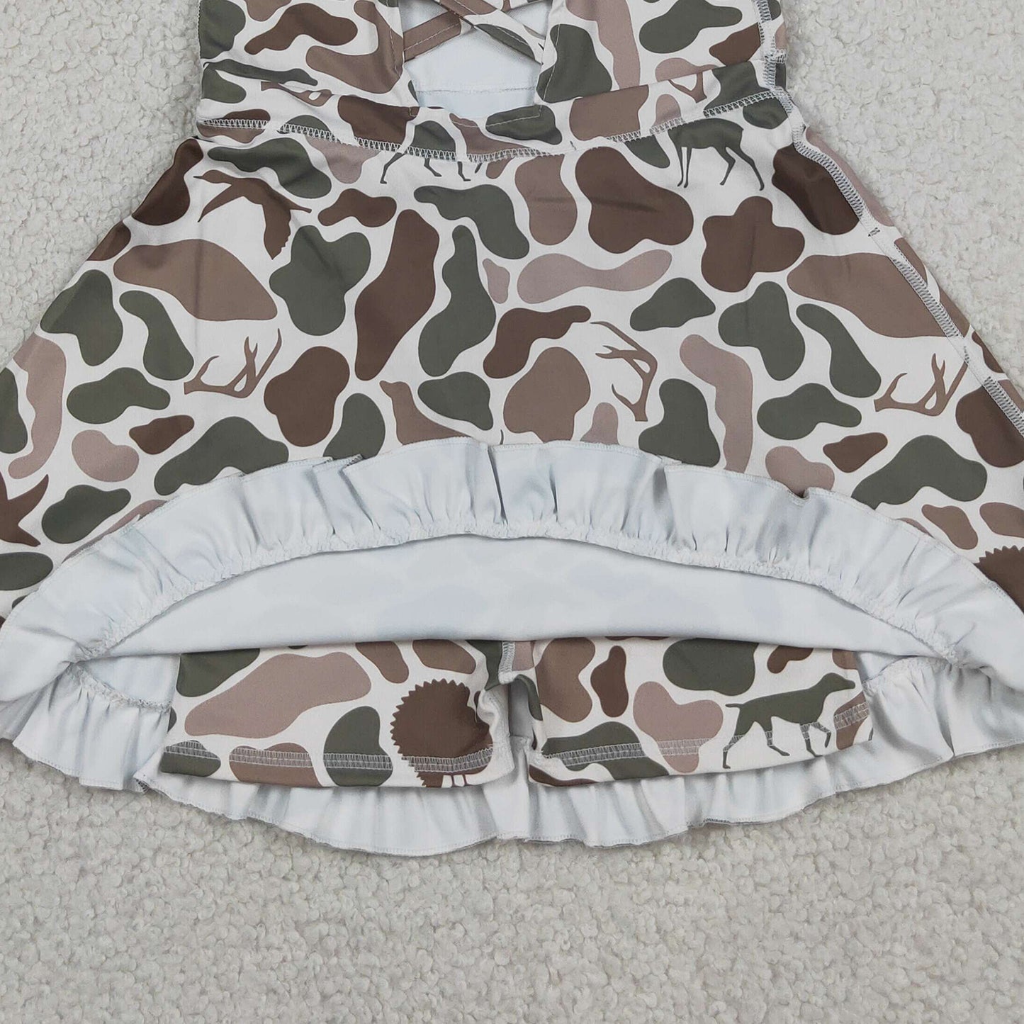 RTS NO MOQ yoga fabric GSD4117 Baby Girls Green Camo Deer Dog Duck Print Strap Ruffle Knee Length Dress