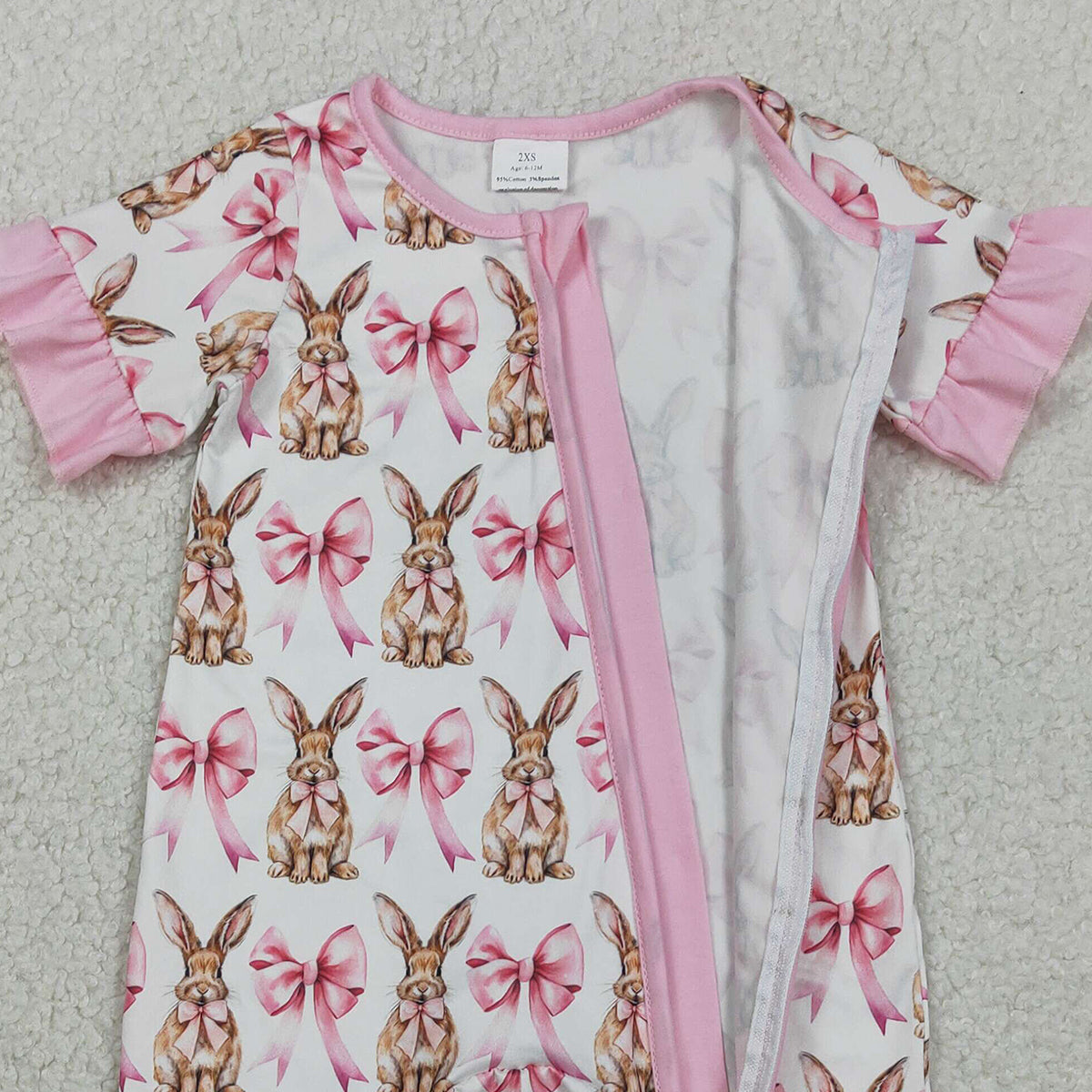 RTS NO MOQ SR2020 Baby Girls Easter Rompers Short Sleeve Bows Rabbits Design Ruffle Zipper Closure Outfit for Infants