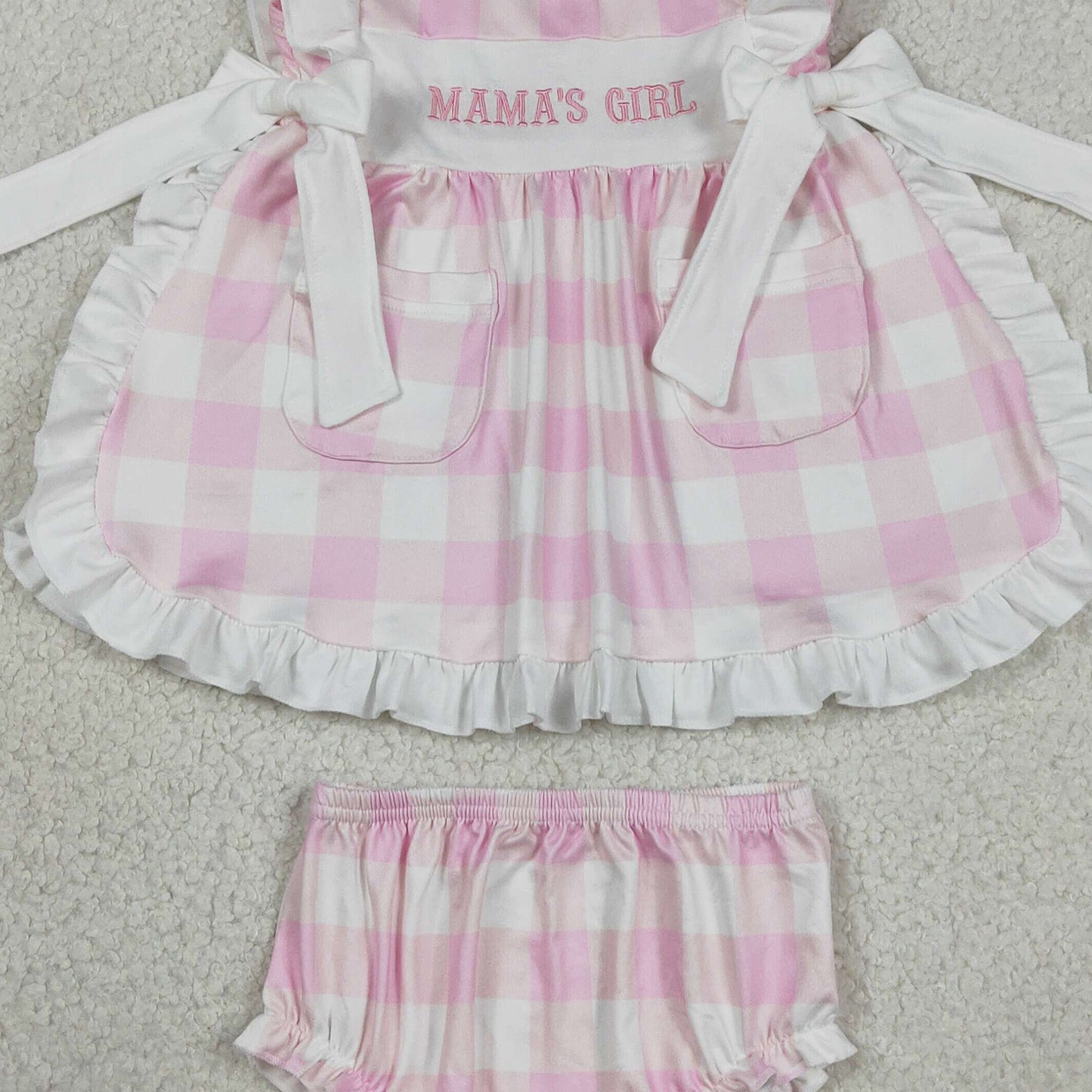 RTS NO MOQ GBO0495 milk silk Baby Girls Mama's Girl Embroidery Pink Checked Tunic Bummies Set