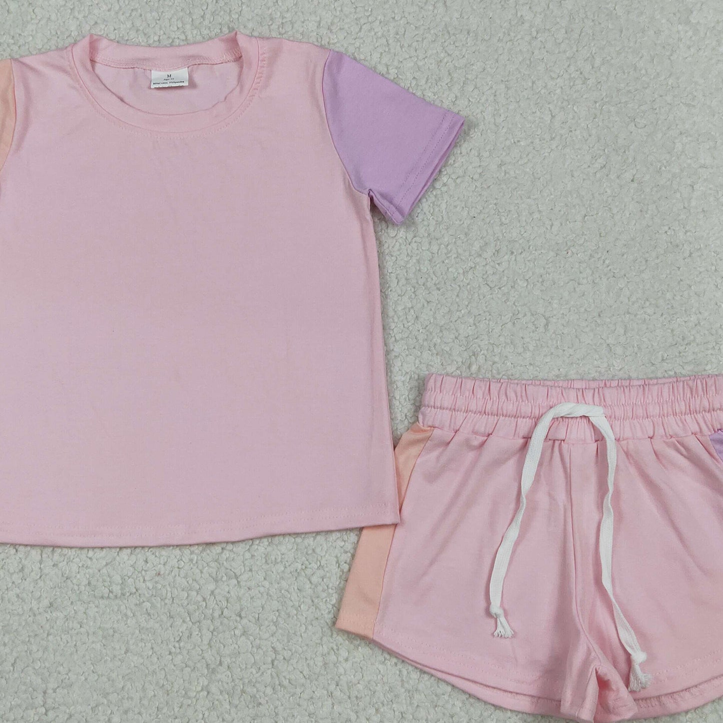 RTS NO MOQ cotton GSSO3638 Baby Girls Sweet Pink Patchwork Short Sleeve Tops Matching Shorts