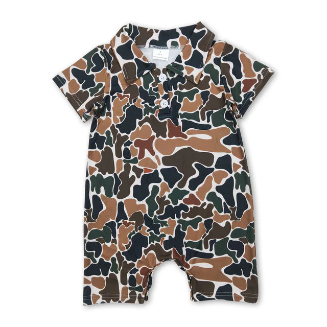 RTS NO MOQ Sibling Baby Boys Short Sleeves Blue Camo Button Rompers
