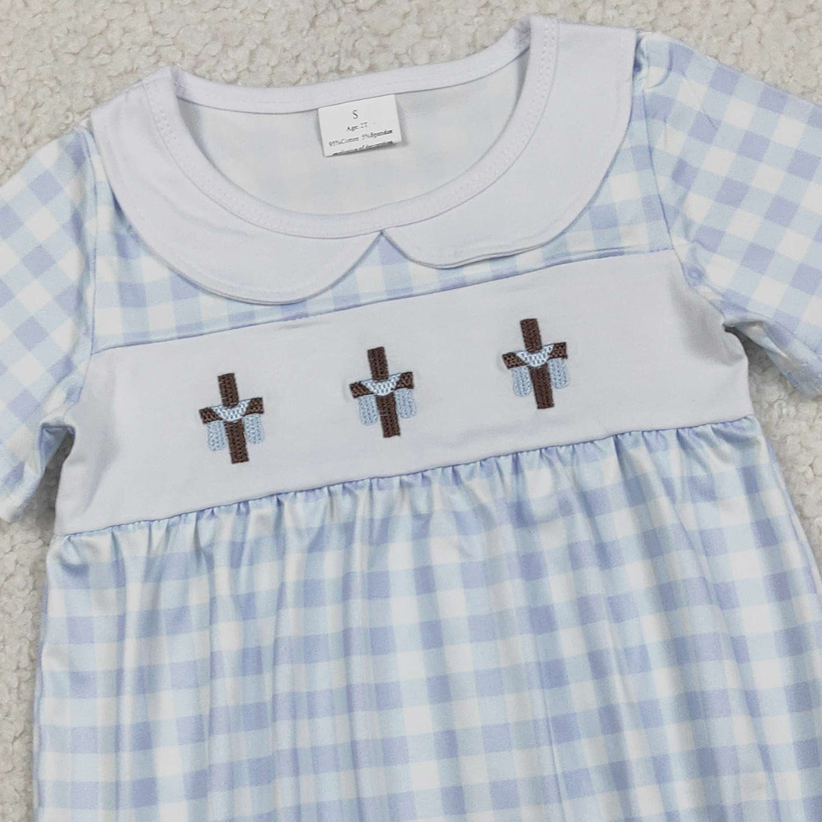 RTS NO MOQ SR3757  Baby Boys Blue Checked Rompers with Easter Collar Embroidery Crosses for Infants