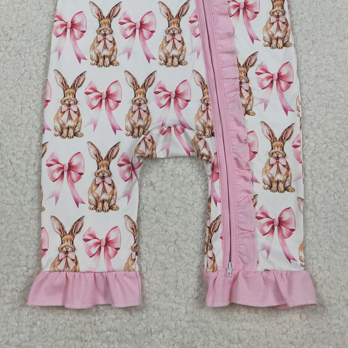 RTS NO MOQ SR2020 Baby Girls Easter Rompers Short Sleeve Bows Rabbits Design Ruffle Zipper Closure Outfit for Infants