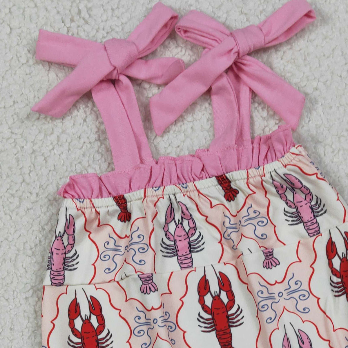 RTS NO MOQ SR4032 Baby Girls Checked Rompers with Strap Bows Crayfishes Print Ruffle Clothes